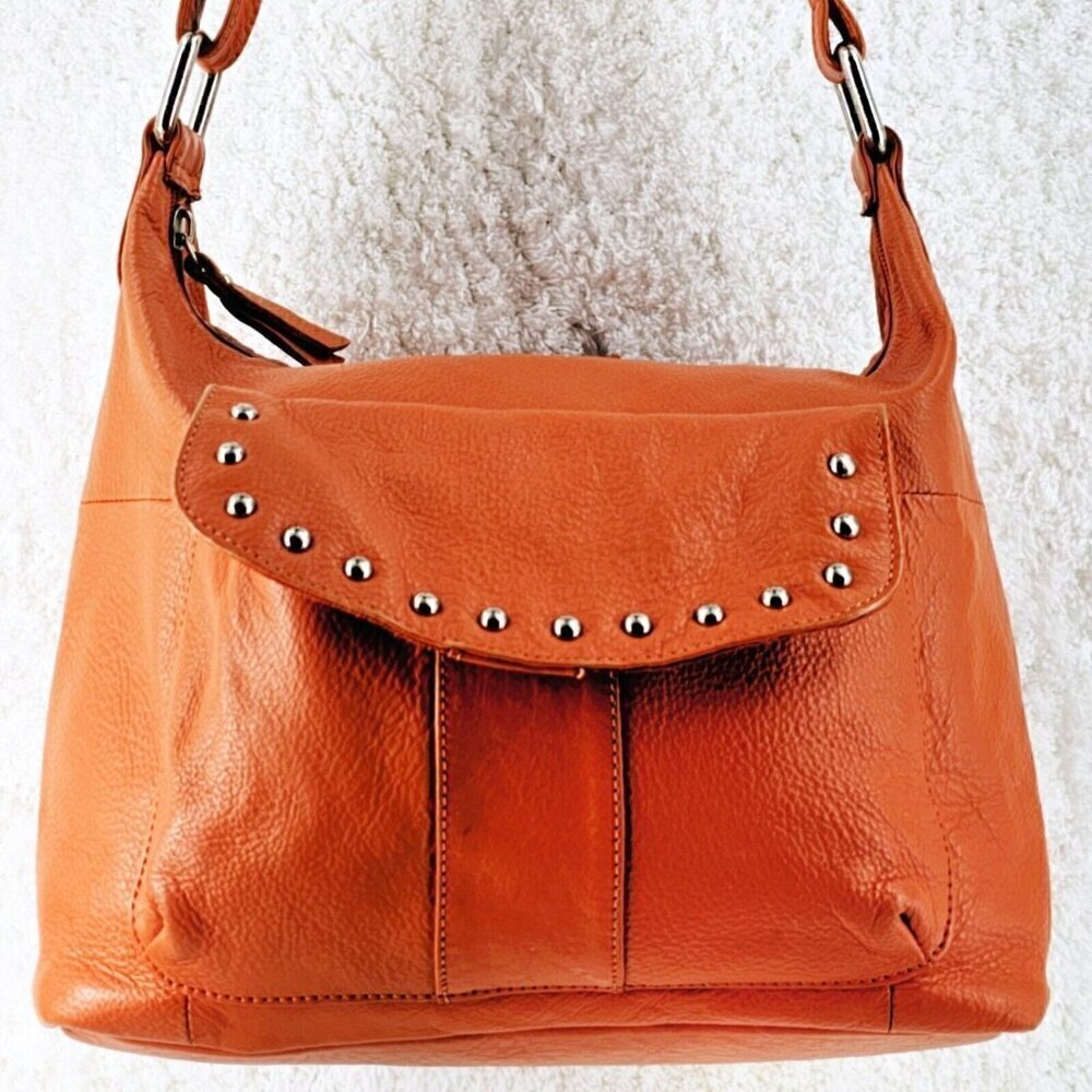 Marco Avane Orange Pebble Leather Silver Studded Crossbody Organizer